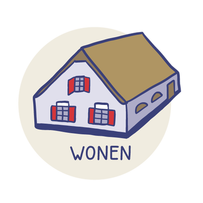 Tekening van een boerderij met het woord 'wonen'
