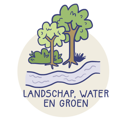 Tekening van een rivier met twee bomen met de tekst 'landschap, water en groen'