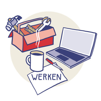 Tekening van een gereedschapskist, een laptop en een kopkoffie met het woord 'werken'