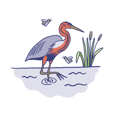 Tekening van een reiger in een sloot met riet langs de waterkant