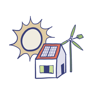 Tekening van een huis met zonnepanelen, een zon en een windmolen